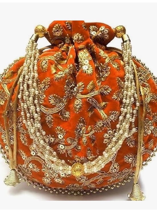 Handmade Handbags - Embroidered Orange Velvet Potli Bag with Pearl Tassels